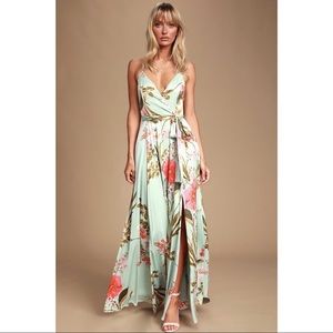 Lulu’s Still the One Sage Floral Satin Maxi Dress